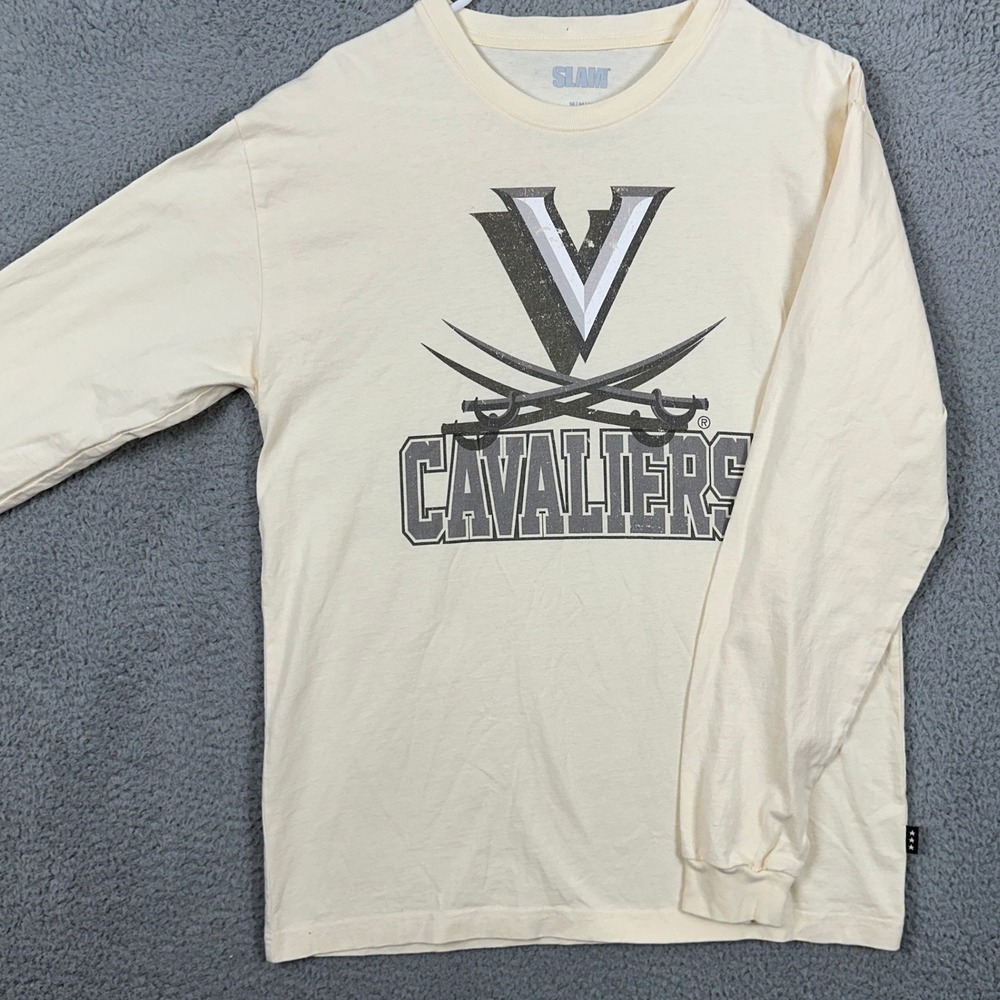 Virginia Cavaliers T-Shirt Long Sleeve Tee Men Medium Cream Crewneck Cotton Slam